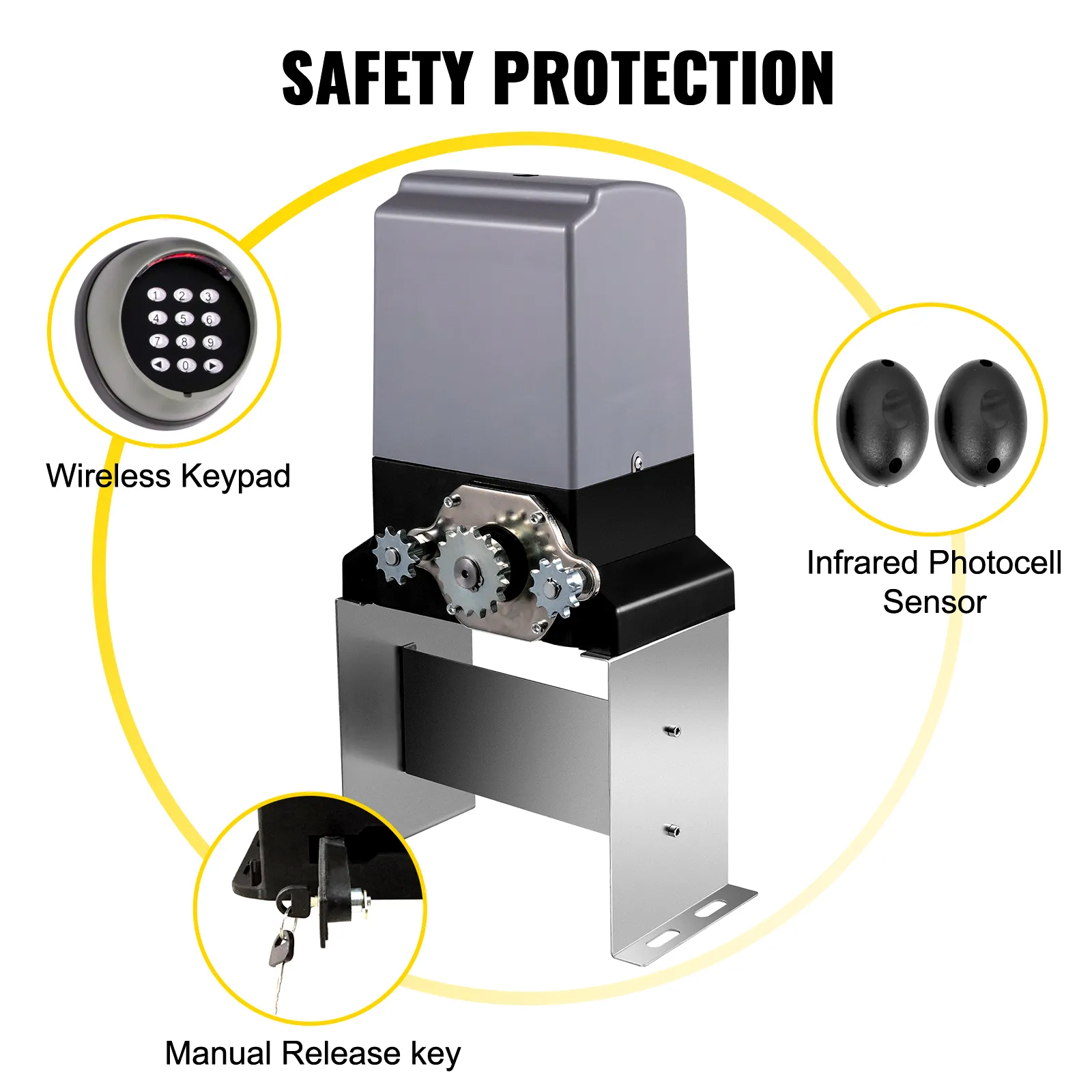 VEVOR sliding gate opener with wireless keypad, infrared sensor, and manual release key.