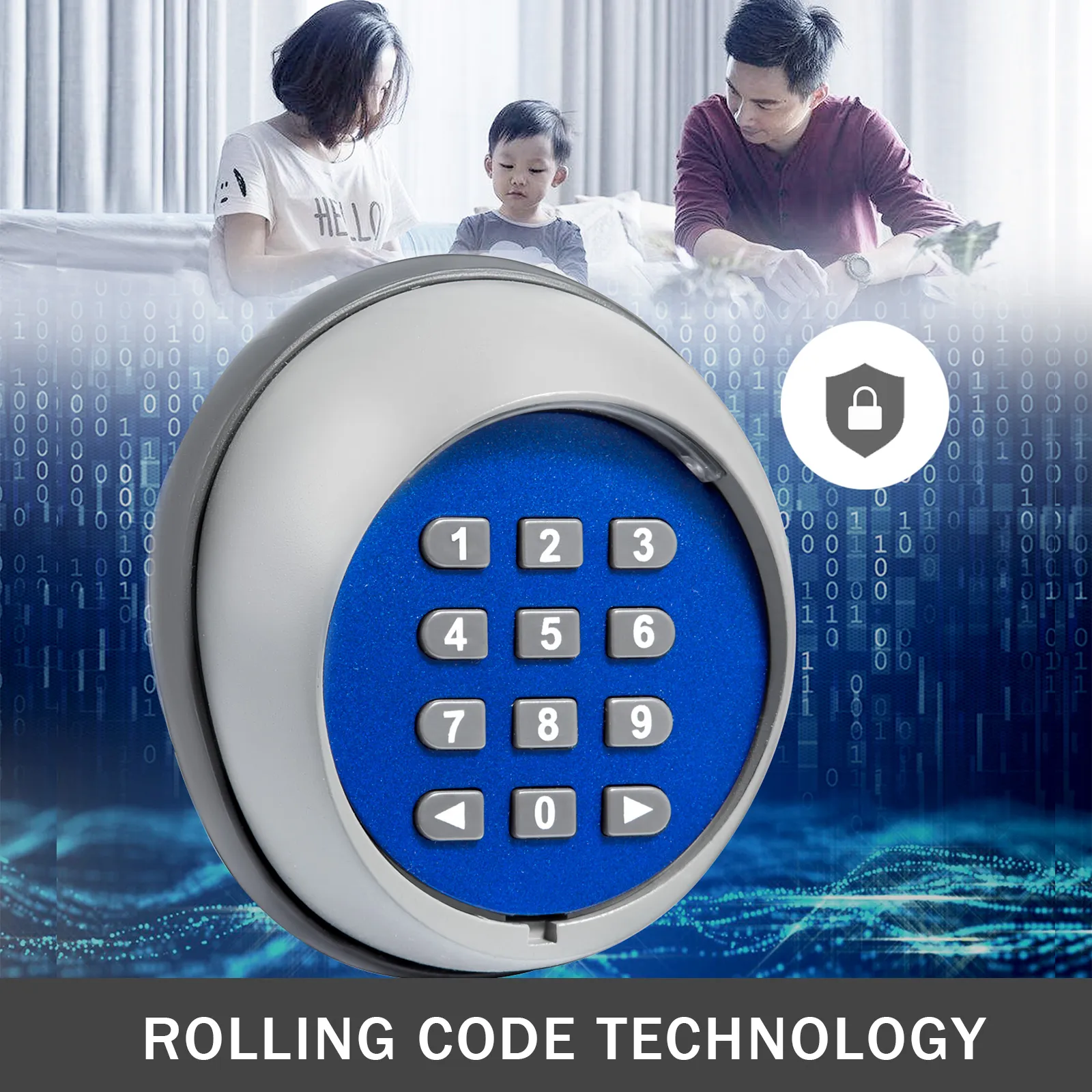 VEVOR wireless keypad featuring rolling code technology with family background.