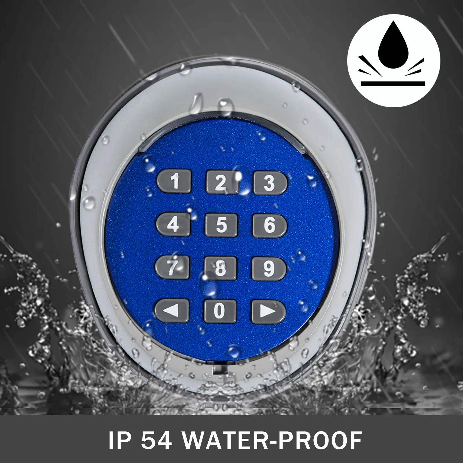VEVOR wireless keypad, ip54 waterproof, blue and silver, water splashes.