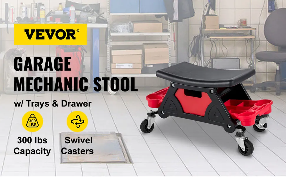 VEVOR mechanic stool with trays, drawer, 300 lbs capacity, and swivel casters in a garage.