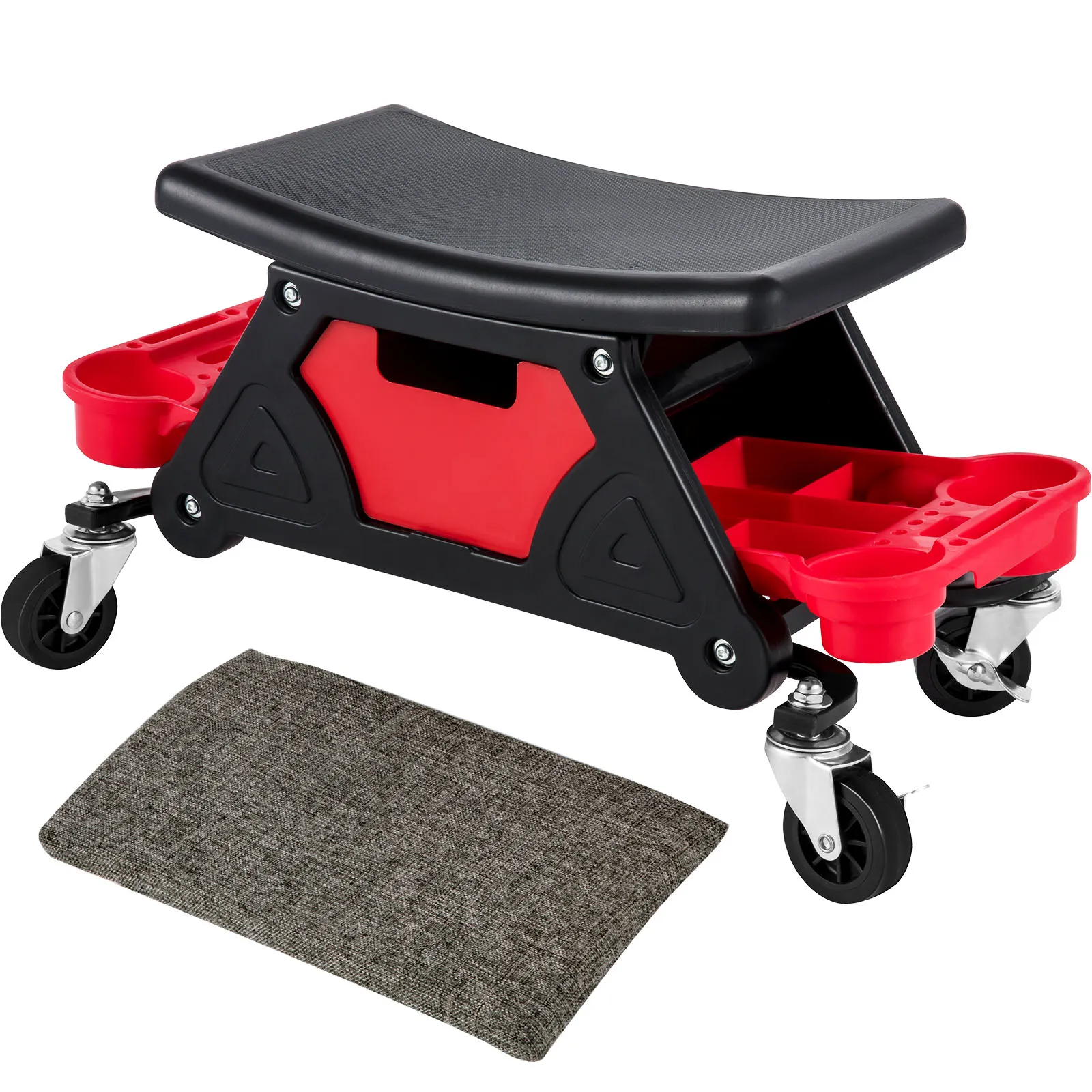 VEVOR mechanic stool with wheels, tool trays, and cushioned seat and mat.