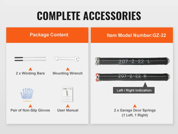 Accesorios completos para resortes de torsión de puertas de garaje VEVOR: barras de enrollado, llave, guantes, manual, resortes.