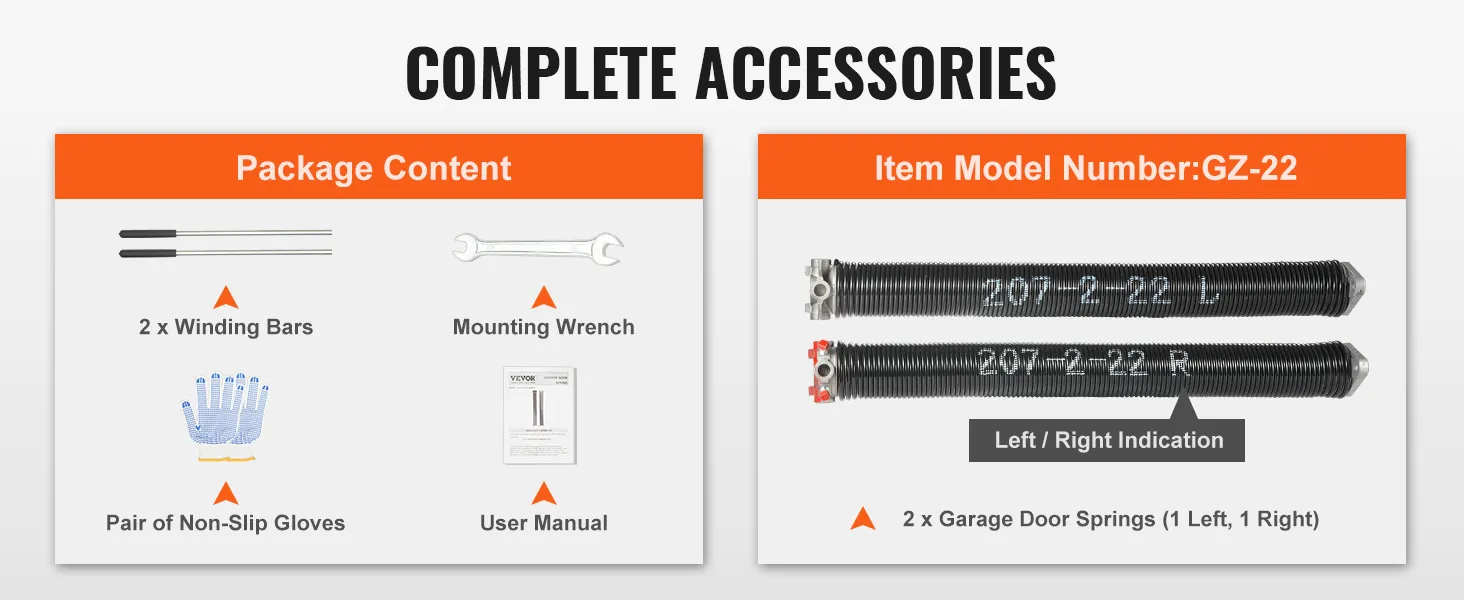 Accesorios completos para resortes de torsión de puertas de garaje VEVOR: barras de enrollado, llave, guantes, manual, resortes.