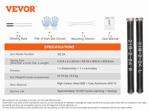 VEVOR garage door torsion springs set with winding bars, gloves, wrench, and user manual.