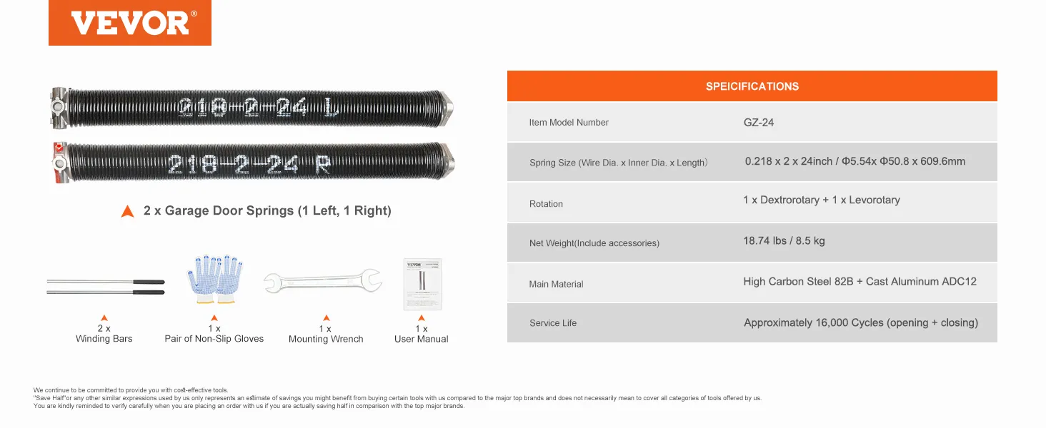 VEVOR garage door torsion springs set with winding bars, gloves, wrench, and user manual.