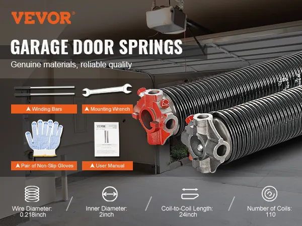 VEVOR garage door torsion springs set with tools, gloves, and manual in a garage setting.
