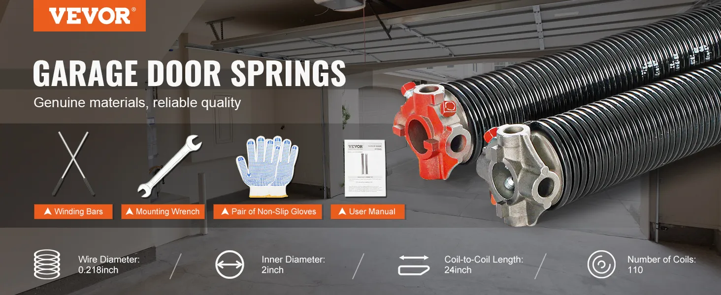VEVOR garage door torsion springs set with tools, gloves, and manual in a garage setting.
