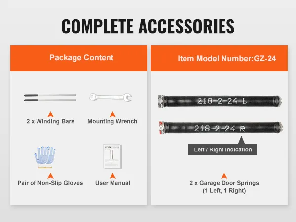 complete accessories for VEVOR garage door torsion springs: winding bars, wrench, gloves, user manual.