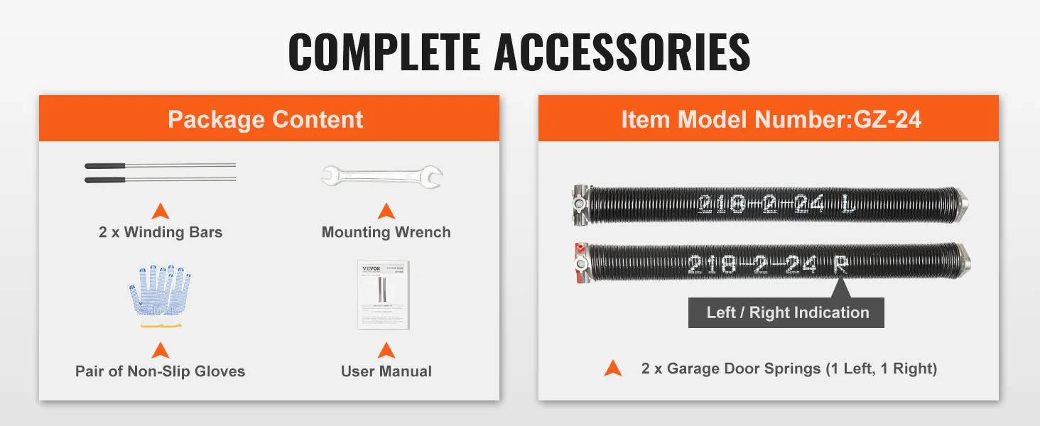 complete accessories for VEVOR garage door torsion springs: winding bars, wrench, gloves, user manual.