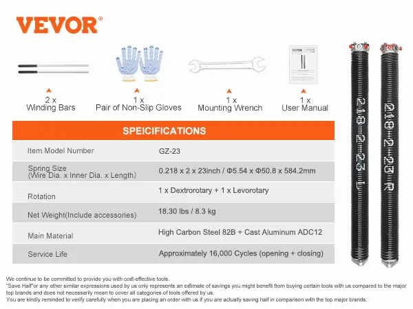 VEVOR garage door springs (1 left, 1 right), high carbon steel, with tools and user manual included.