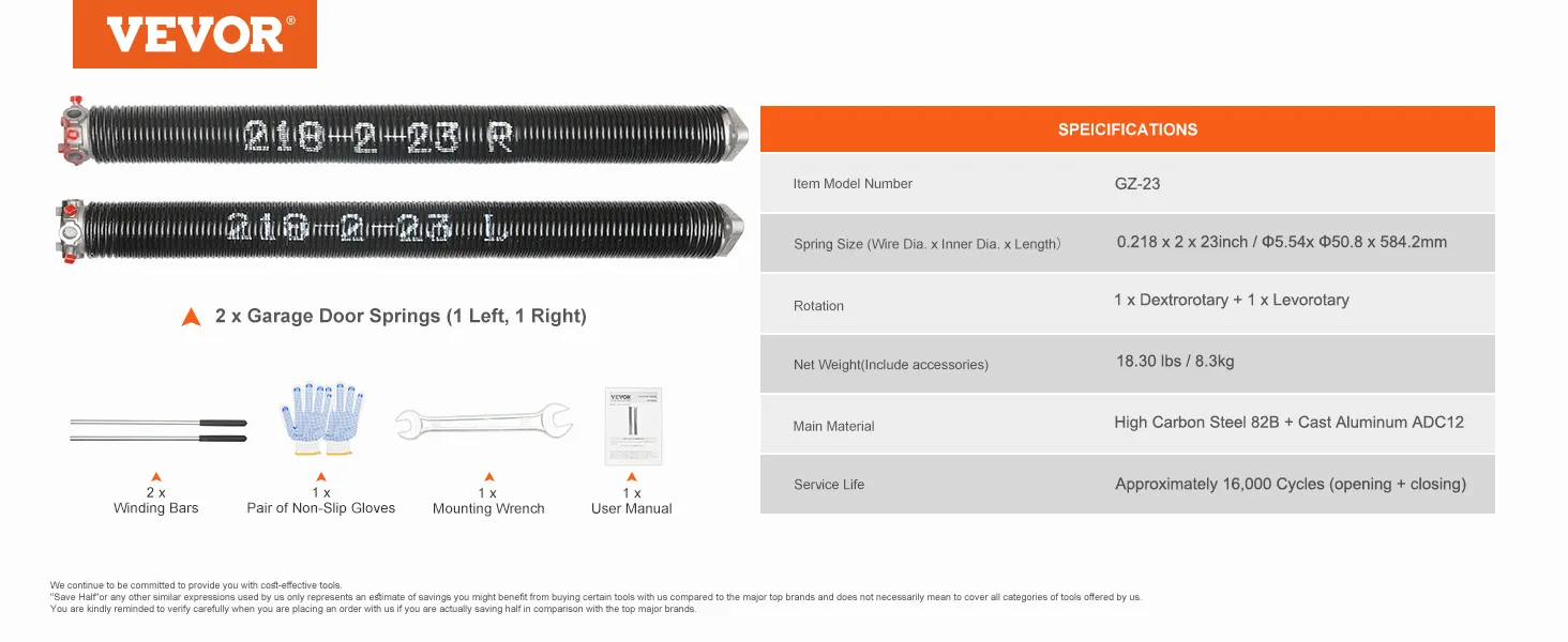 VEVOR garage door springs (1 left, 1 right), high carbon steel, with tools and user manual included.