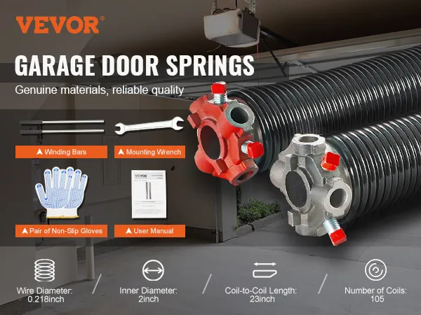 VEVOR garage door springs with winding bars, mounting wrench, non-slip gloves, and user manual.