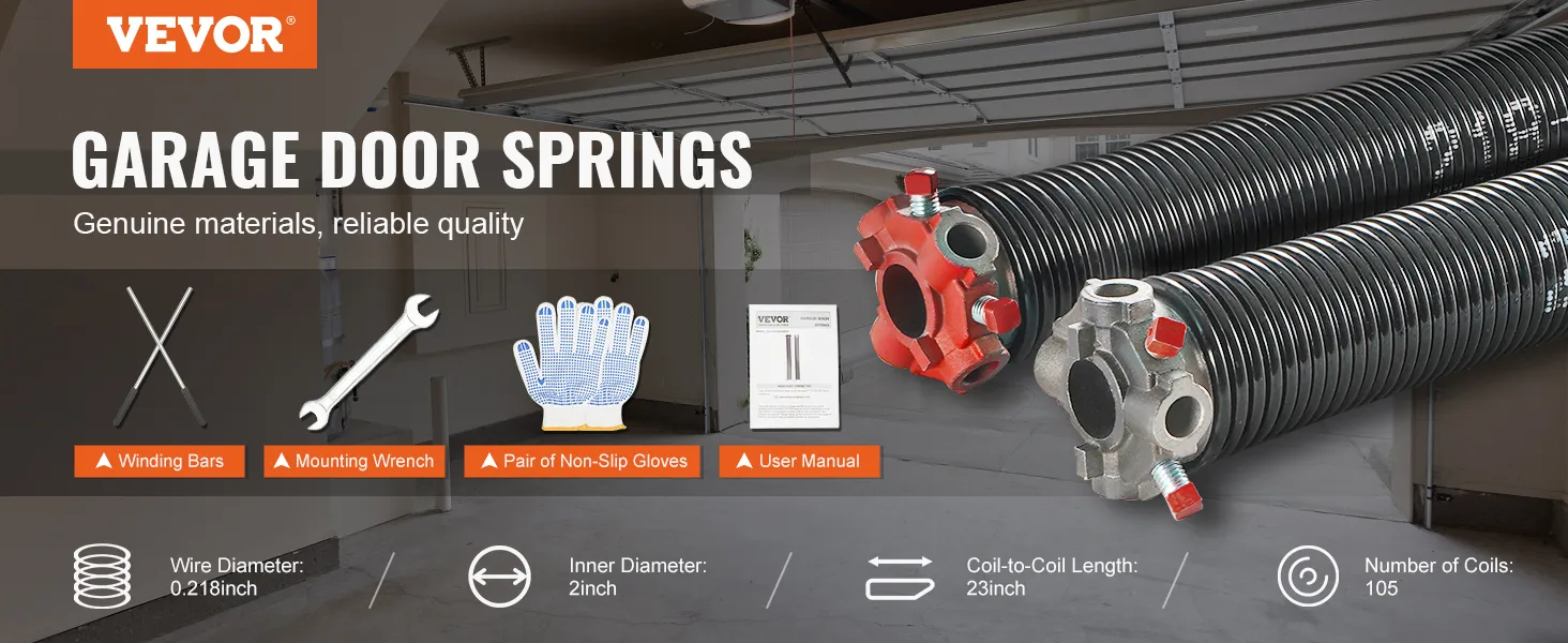 VEVOR garage door springs with winding bars, mounting wrench, non-slip gloves, and user manual.