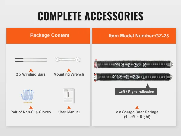 complete accessories for VEVOR garage door springs, including winding bars, gloves, wrench, and manual.