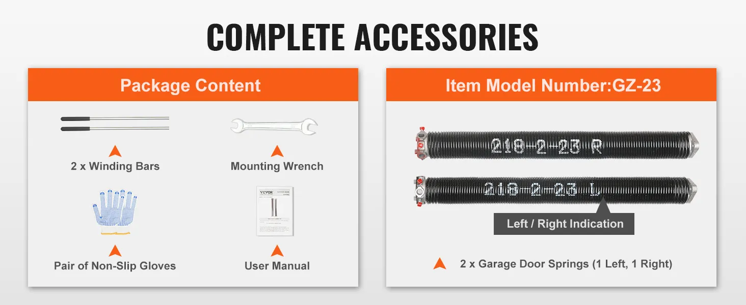 complete accessories for VEVOR garage door springs, including winding bars, gloves, wrench, and manual.