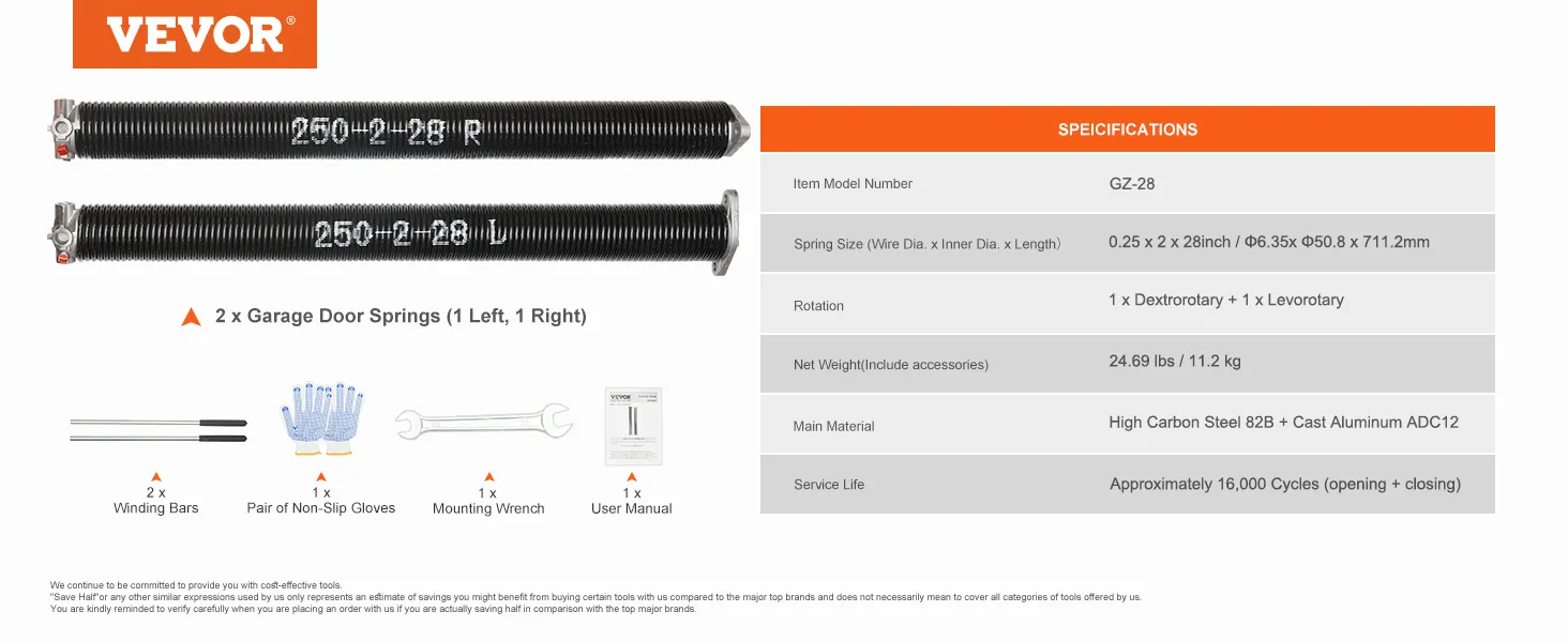 VEVOR garage door torsion springs set with winding bars, gloves, wrench, and user manual.