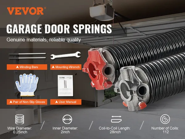 VEVOR garage door torsion springs with mounting wrench, winding bars, non-slip gloves, and user manual.