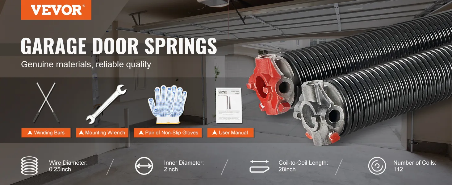 VEVOR garage door torsion springs with mounting wrench, winding bars, non-slip gloves, and user manual.