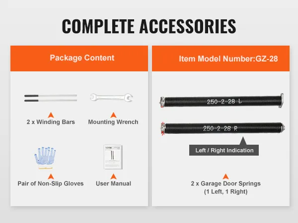 complete accessories for VEVOR garage door torsion springs include winding bars, gloves, and wrench.