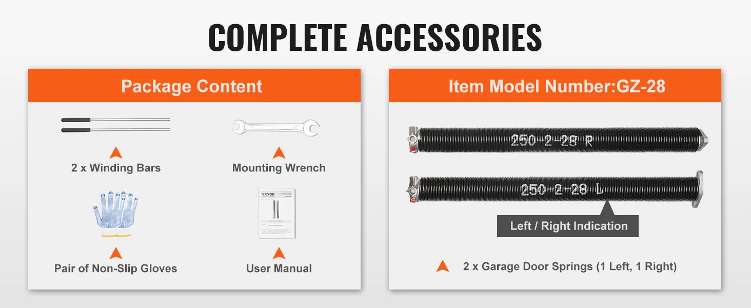 complete accessories for VEVOR garage door torsion springs include winding bars, gloves, and wrench.