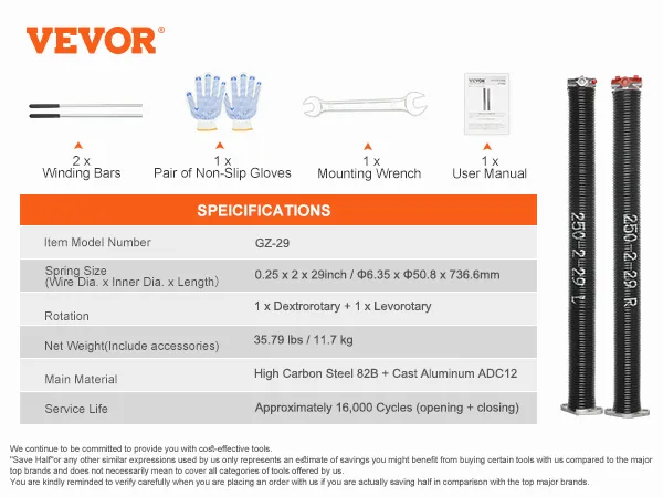 VEVOR garage door springs kit with 2 springs, winding bars, gloves, wrench, and user manual. specifications listed.