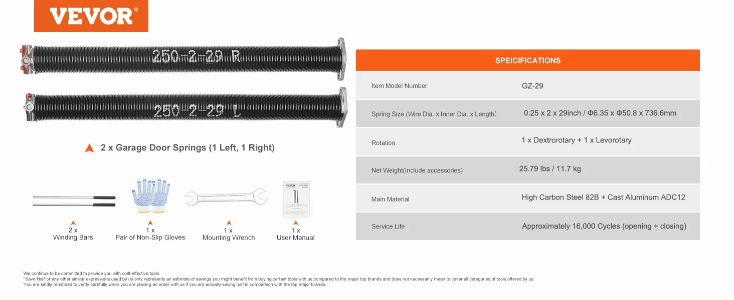 VEVOR garage door springs kit with 2 springs, winding bars, gloves, wrench, and user manual. specifications listed.