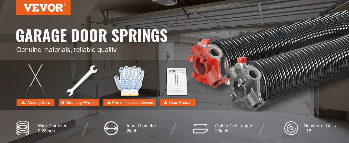 VEVOR garage door springs with winding bars, mounting wrench, gloves, and user manual.