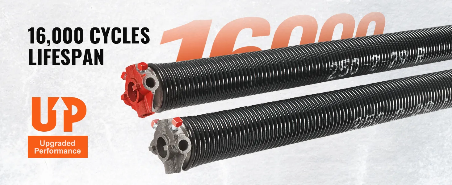 VEVOR garage door springs with 16,000 cycles lifespan, showcasing upgraded performance.