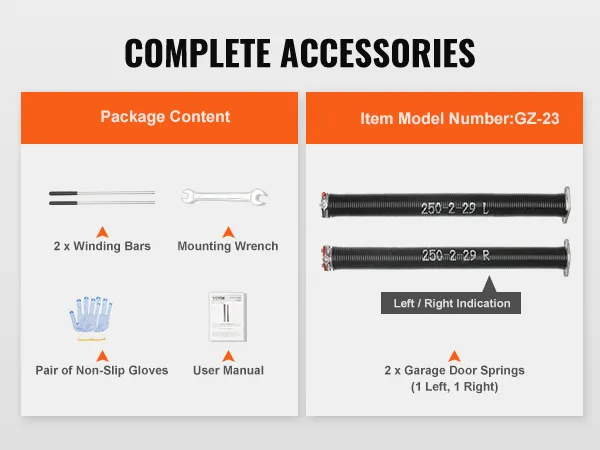 complete accessories for VEVOR garage door springs include winding bars, wrench, gloves, user manual.
