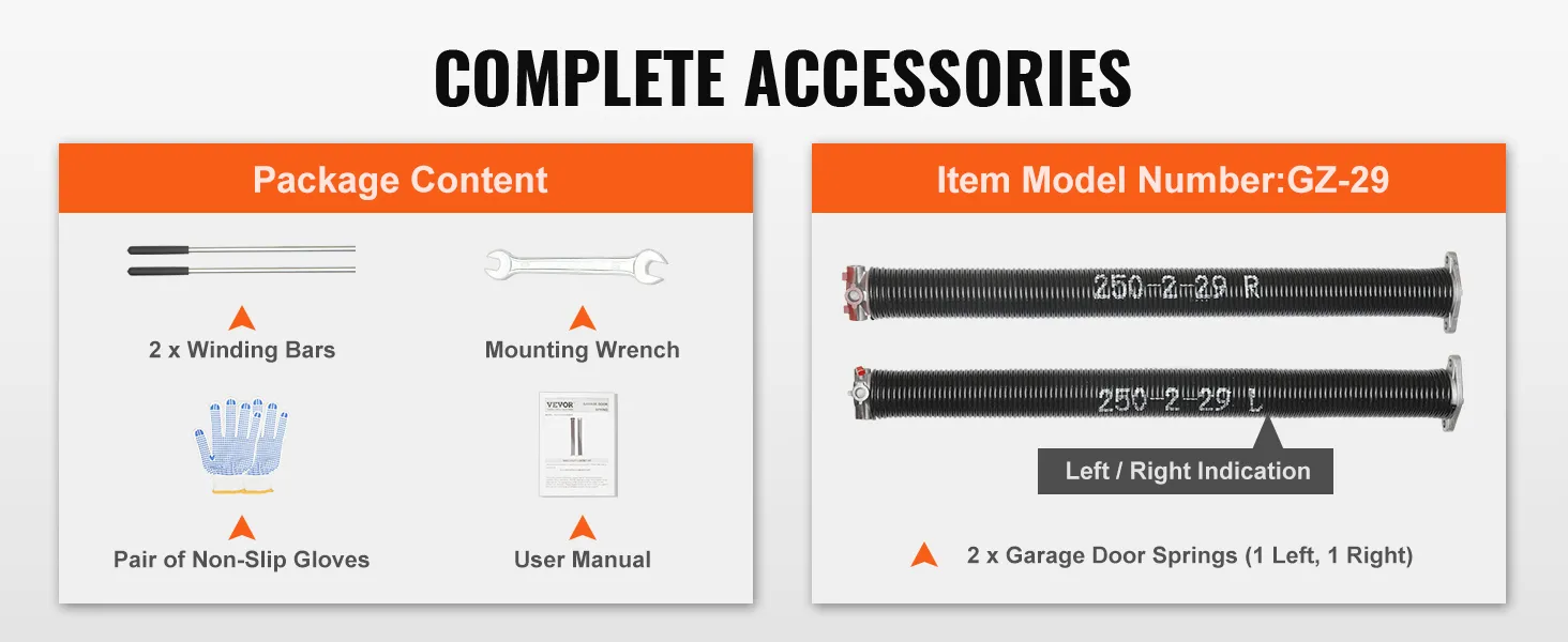 complete accessories for VEVOR garage door springs include winding bars, wrench, gloves, user manual.
