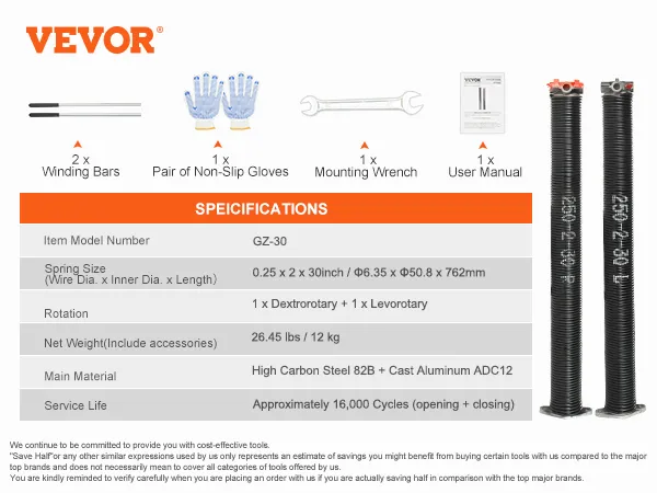 VEVOR garage door torsion springs with winding bars, gloves, wrench, and user manual.