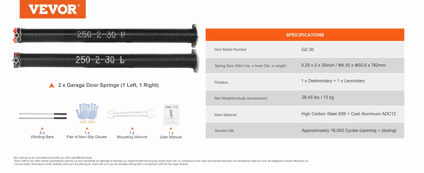 VEVOR garage door torsion springs with winding bars, gloves, wrench, and user manual.