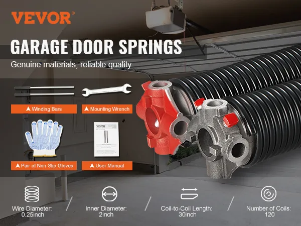 VEVOR garage door torsion springs kit with winding bars, mounting wrench, gloves, and user manual.