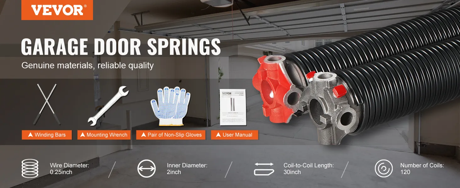VEVOR garage door torsion springs kit with winding bars, mounting wrench, gloves, and user manual.