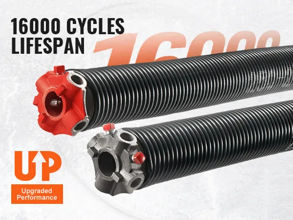VEVOR garage door torsion springs with red and gray ends, 16,000 cycles lifespan, upgraded performance.
