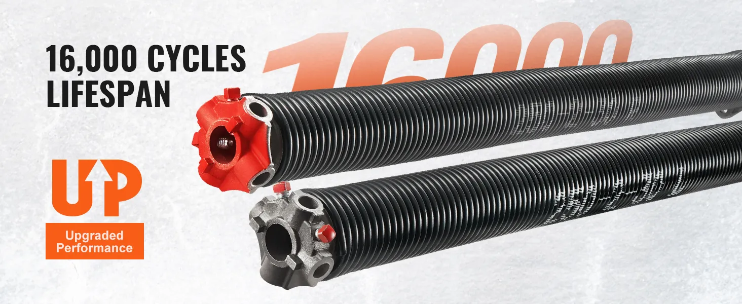 VEVOR garage door torsion springs with red and gray ends, 16,000 cycles lifespan, upgraded performance.