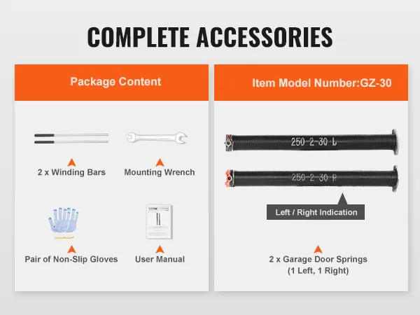 complete accessories for VEVOR garage door torsion springs: winding bars, wrench, gloves, manual, springs.