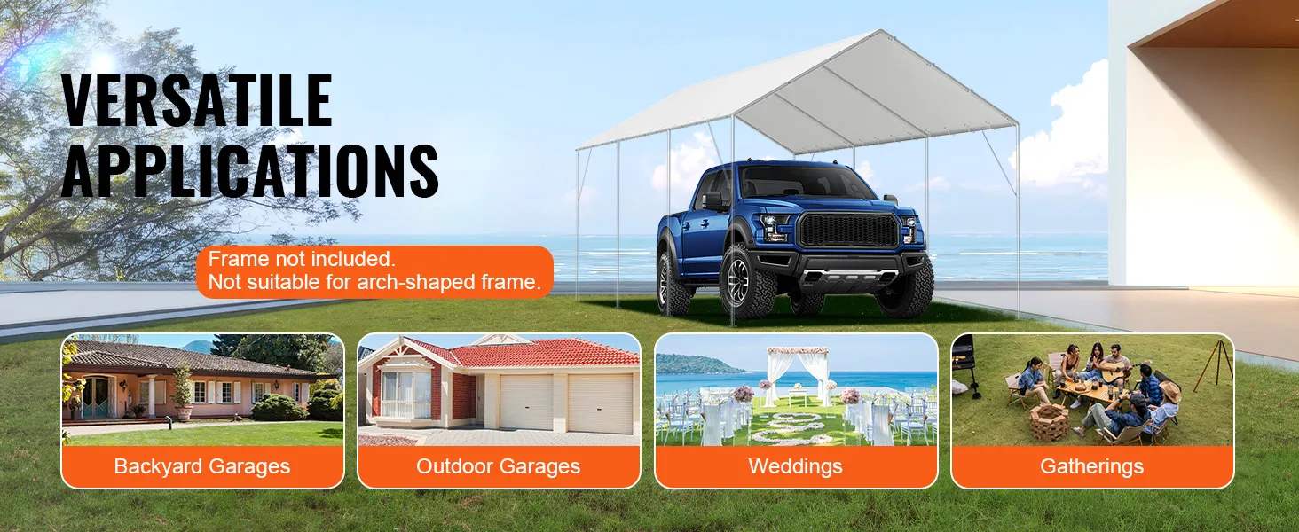 VEVOR carport canopy cover for backyard garages, outdoor garages, weddings, and gatherings by the beach.