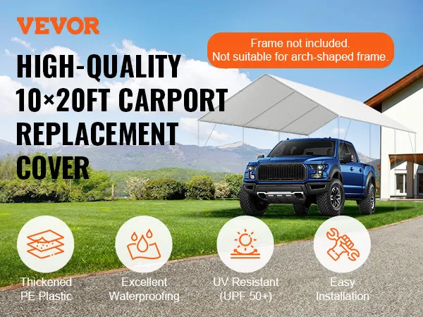 VEVOR carport canopy cover, 10x20ft, thickened pe plastic, waterproof, uv resistant, easy installation.