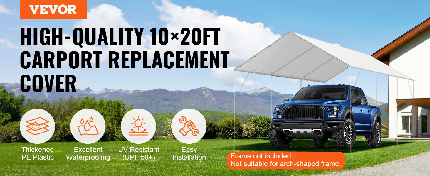 VEVOR carport canopy cover, 10x20ft, thickened pe plastic, waterproof, uv resistant, easy installation.