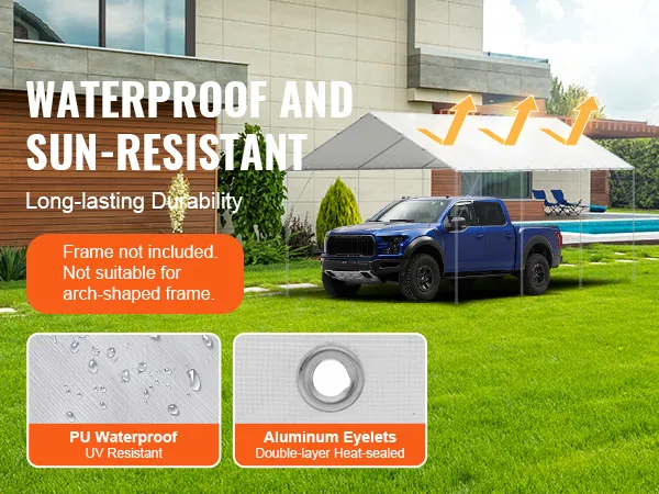 VEVOR carport canopy cover over blue truck in modern backyard, showcasing waterproof and sun-resistant features.