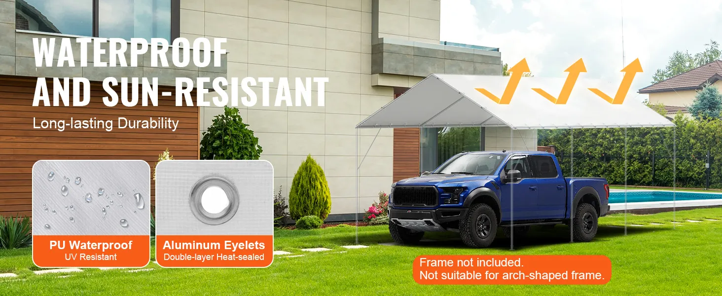 VEVOR carport canopy cover over blue truck in modern backyard, showcasing waterproof and sun-resistant features.