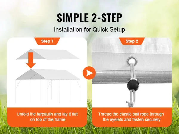 VEVOR carport canopy cover: easy 2-step setup with tarpaulin and elastic ball rope threading.