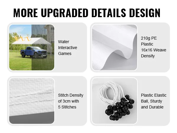 VEVOR carport canopy cover features sun-resistant, water-repellent material, 210g pe plastic, and sturdy elastic balls.