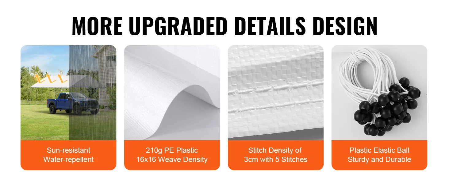VEVOR carport canopy cover features sun-resistant, water-repellent material, 210g pe plastic, and sturdy elastic balls.