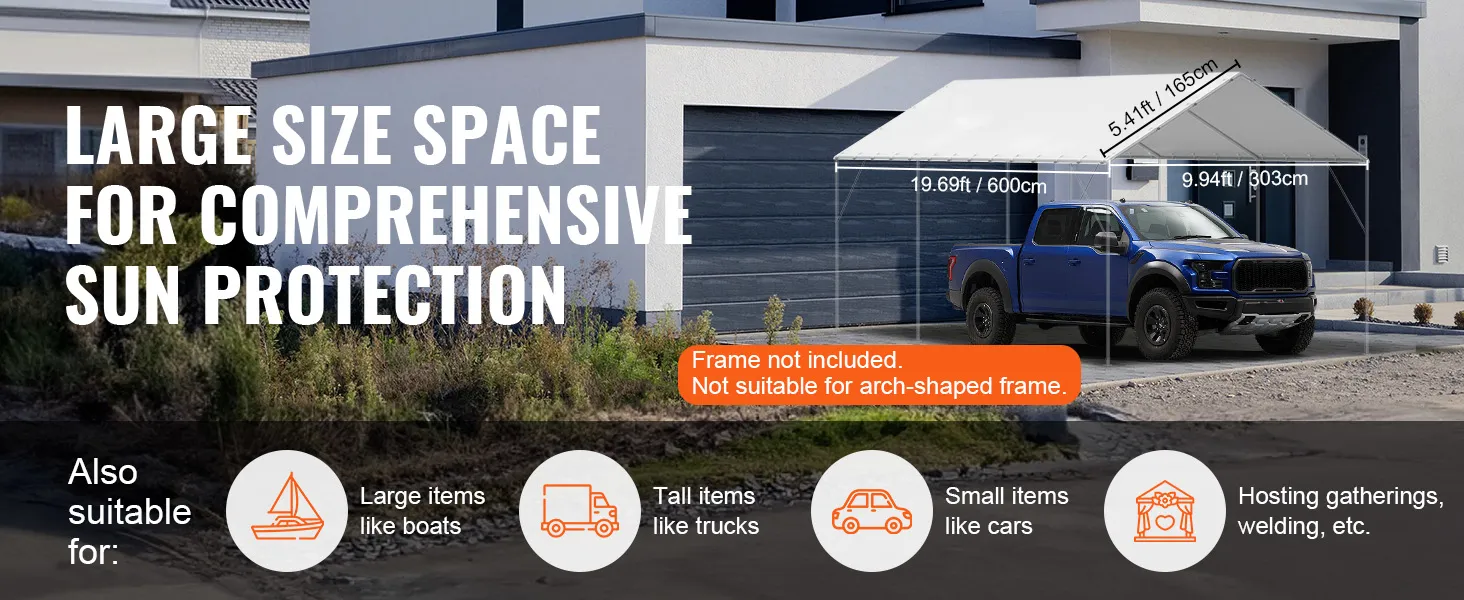 VEVOR carport canopy cover offers large size space for sun protection, suitable for cars, trucks, and gatherings.