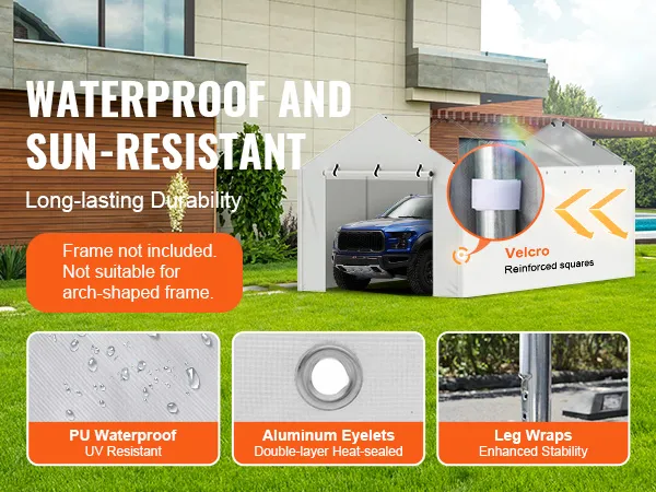 VEVOR Carport-Überdachung: wasserdicht und sonnenbeständig mit Aluminiumösen, Klett-Beinwickel und PU-Beschichtung.