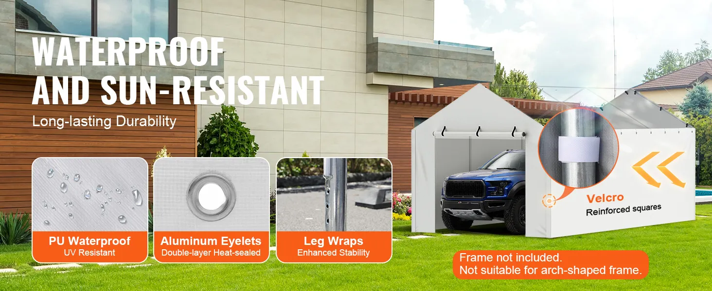 VEVOR Carport-Überdachung: wasserdicht und sonnenbeständig mit Aluminiumösen, Klett-Beinwickel und PU-Beschichtung.