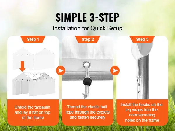 Einfache 3-Schritt-Installationsanleitung für die VEVOR-Carport-Überdachung: Aufklappen, Seile befestigen, Haken installieren.
