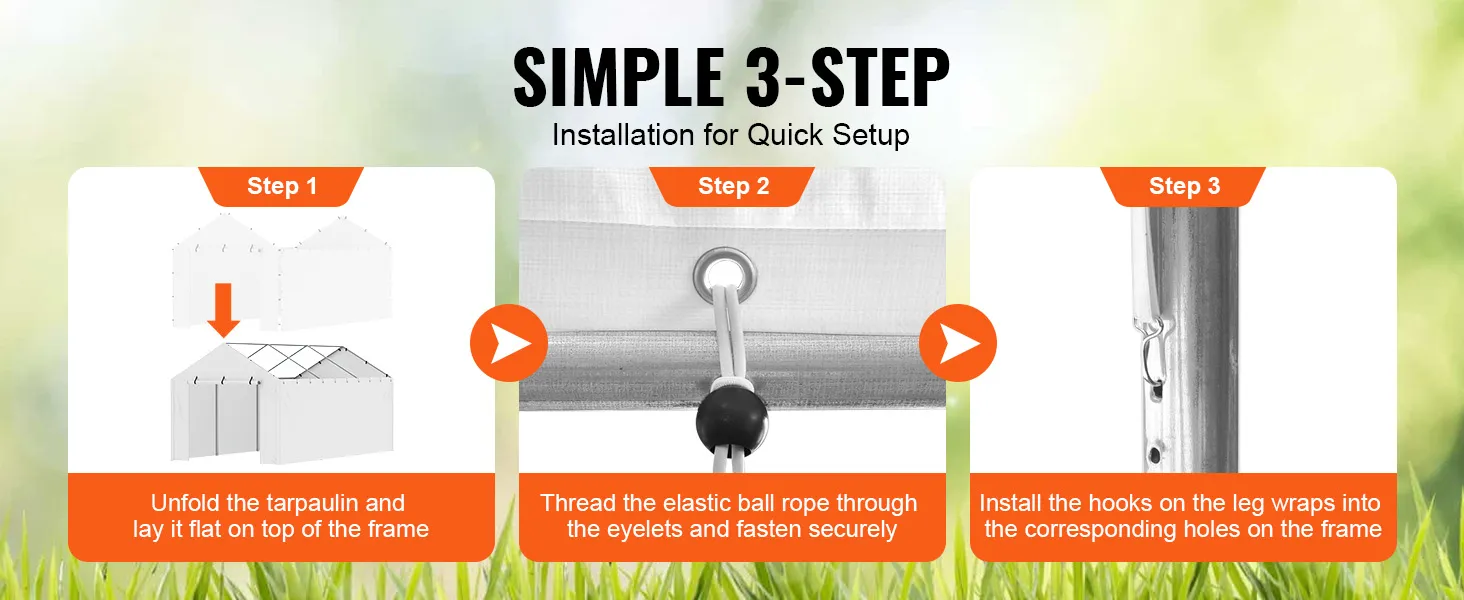 Einfache 3-Schritt-Installationsanleitung für die VEVOR-Carport-Überdachung: Aufklappen, Seile befestigen, Haken installieren.